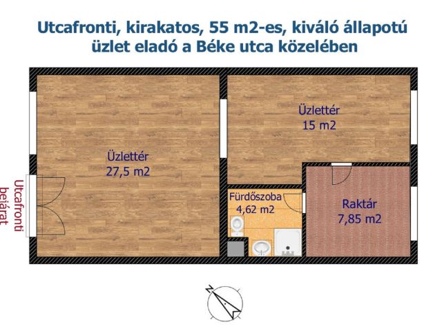 Utcafronti, kirakatos, 55 m2-es üzlet a Béke utca közelében